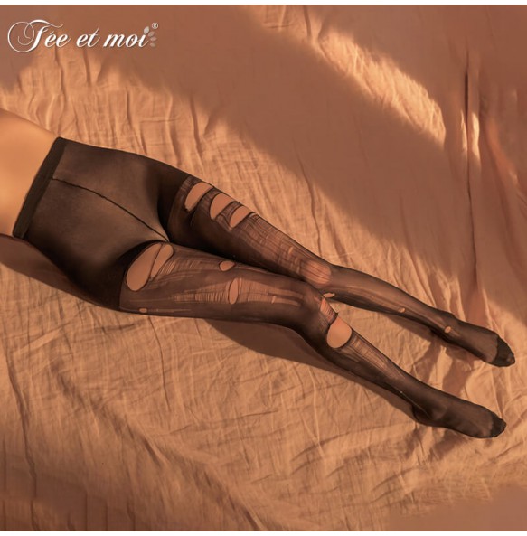 FEE ET MOI Ultra-Thin Ripped Stockings Sexy Pantyhose (Black)